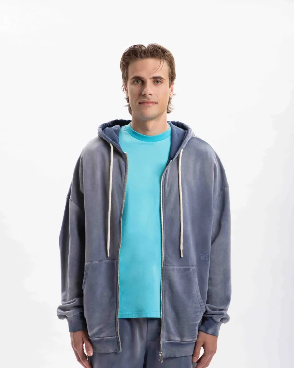 Felpa Zip con Cappuccio Basic Washed